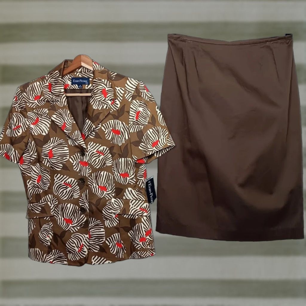 Evan Picone VINTAGE Evan Picone Skirt Suit (2-Piece) Brown Floral Short Sleeve Top NEW 10 Women Size L / US 10 / IT 46 - 1 Thumbnail