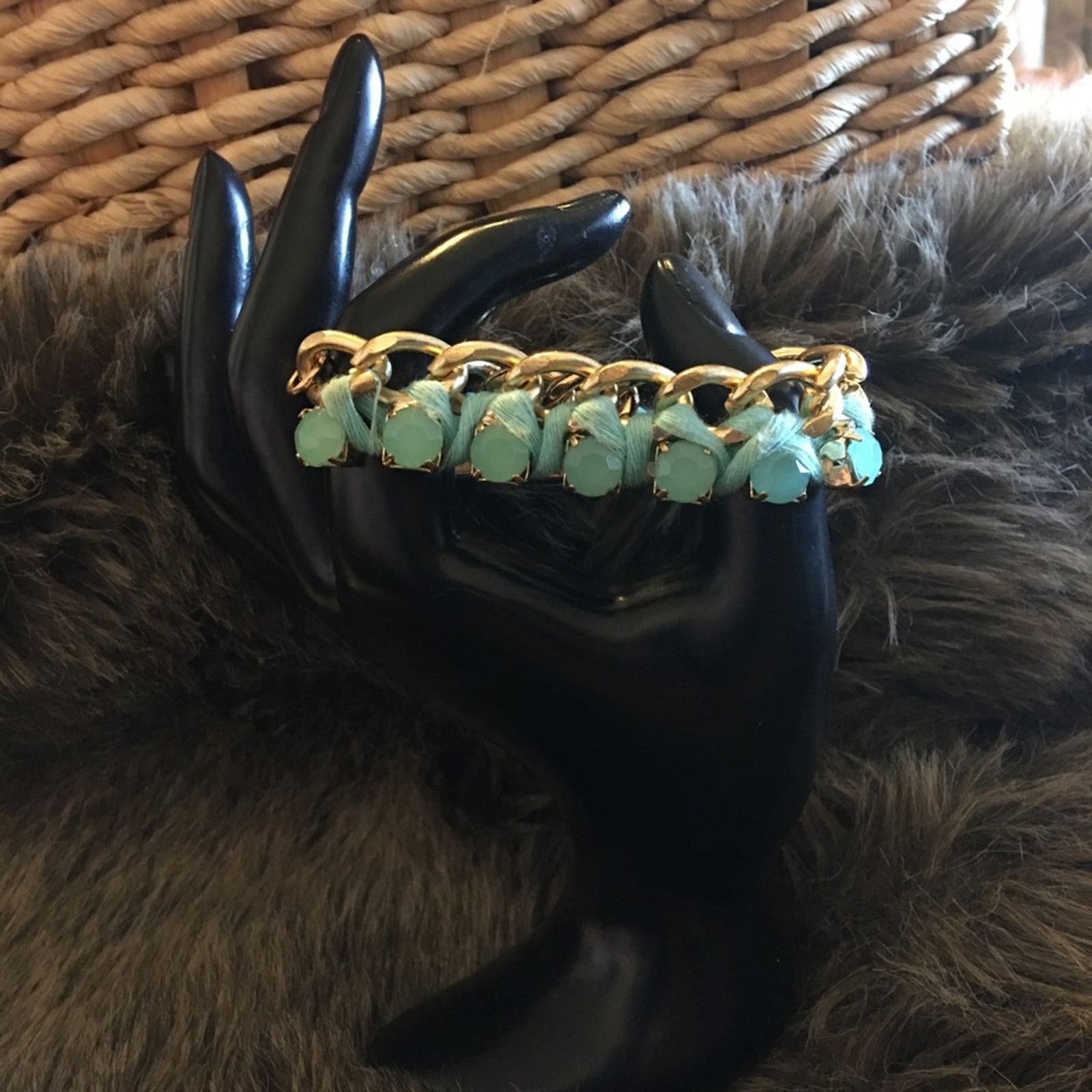 Vintage Vintage aqua glass stone gold chain link bracelet Size ONE SIZE - 2 Thumbnail