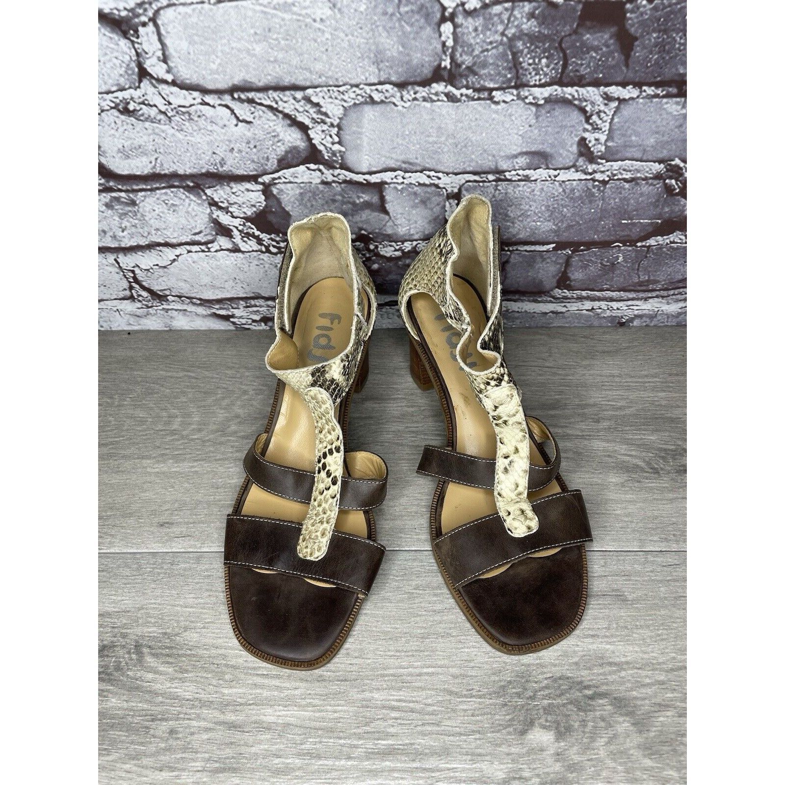 Fiji Fidji Ivory Leather Snake Skin Anke Strap Print Brown Heel S Size US 8 / IT 38 - 18 Thumbnail