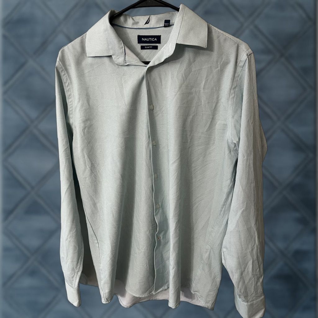 Nautica Nautica Mens Slim Button-Up Shirt /White Checked Performance SS Green Medium Size US M / EU 48-50 / 2 - 1 Thumbnail