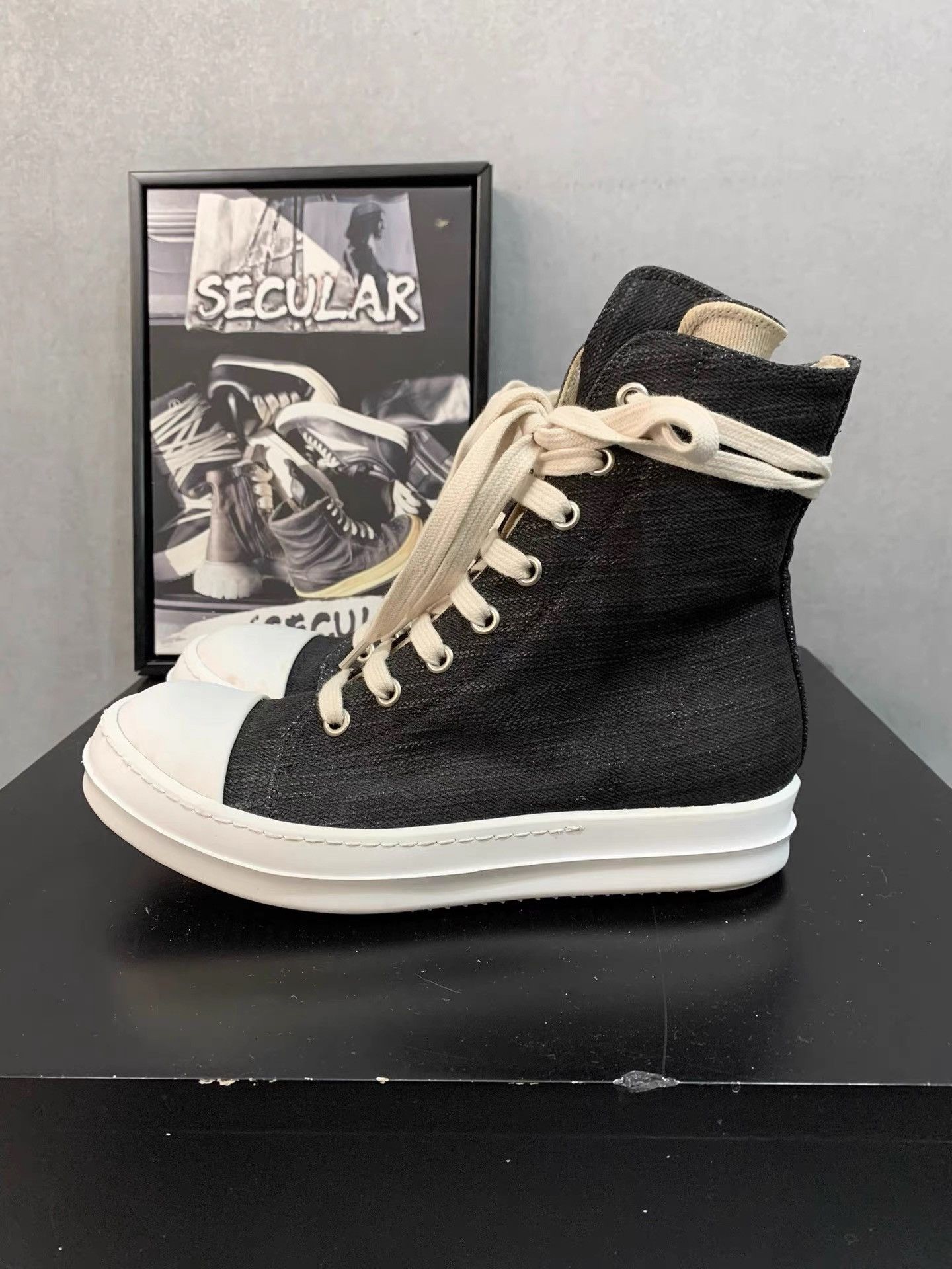 Rick Owens Rick Owens DRKSHDW Black & White Waxed High-Top Sneakers K34 Size US 6.5 / IT 36.5 - 2 Thumbnail