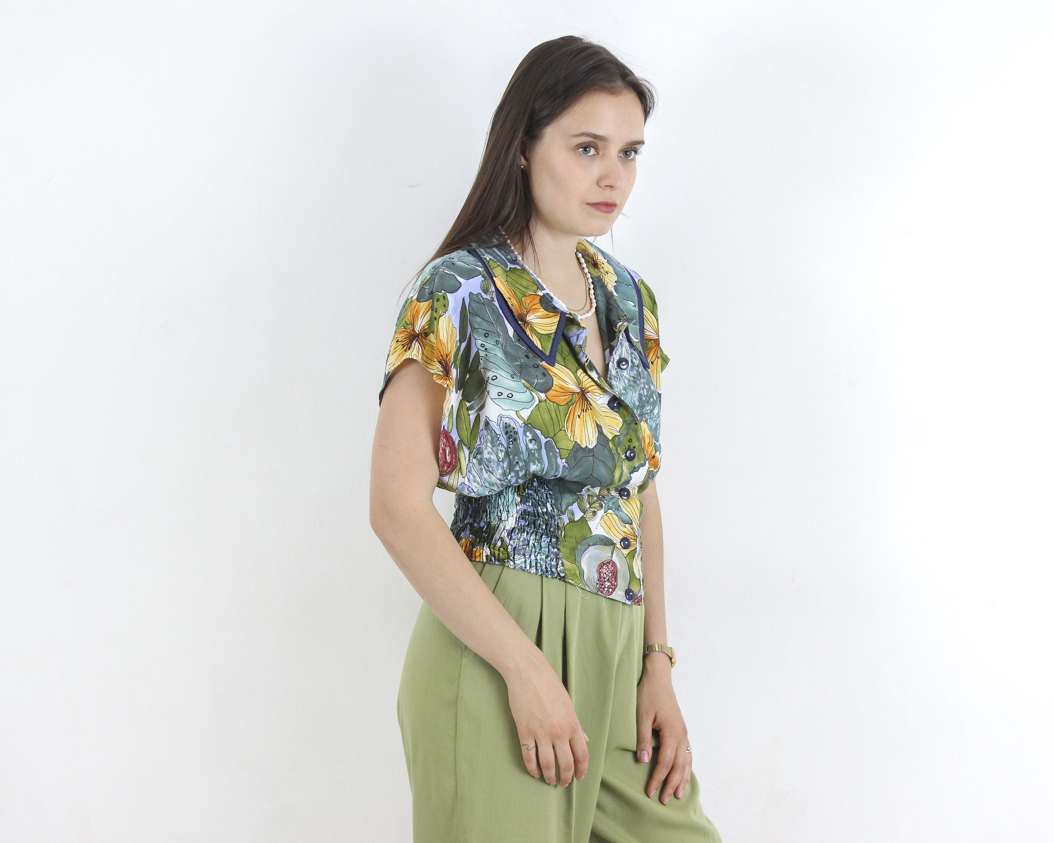 Other × Vintage Cropped Blouse Button Up Shirt Short Sleeves Floral Print Size L / US 10 / IT 46 - 4 Thumbnail