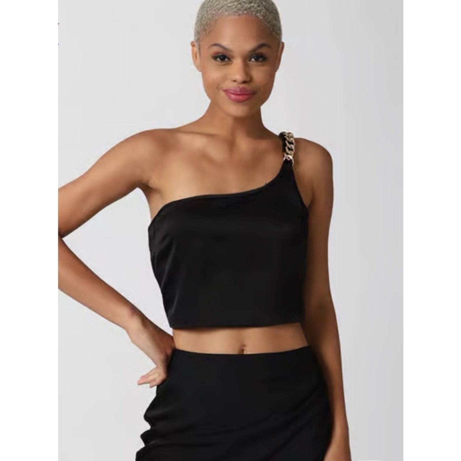 Other One-Shoulder Black Satin Crop Top with Chain Strap size S Size S / US 4 / IT 40 - 1 Thumbnail