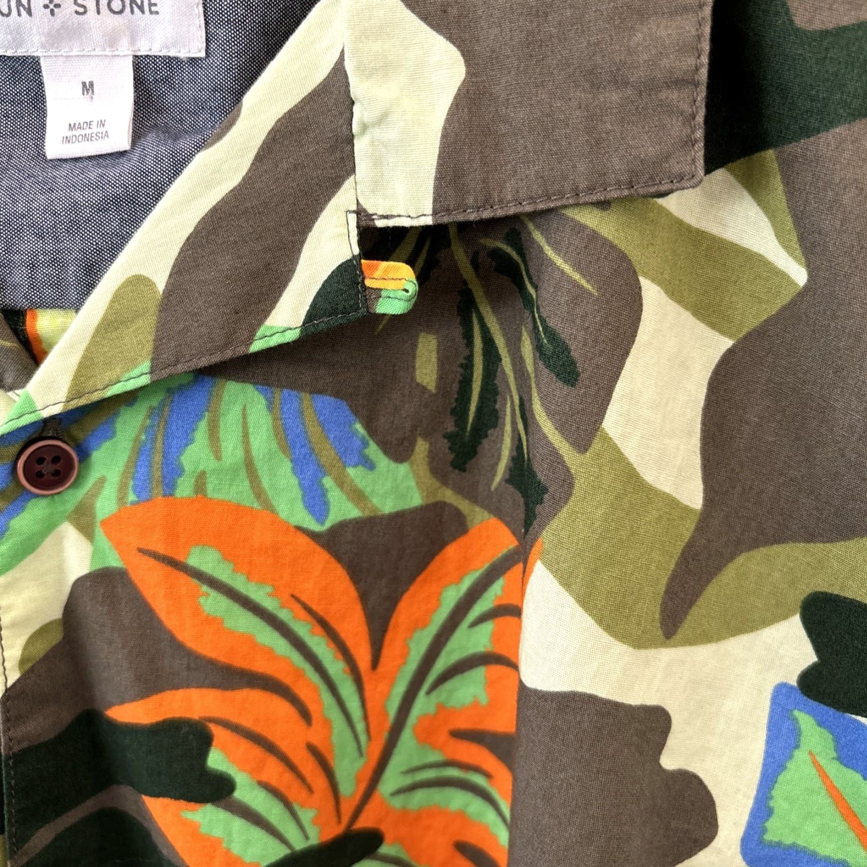 Vintage Sun Stone Men M Button-Down Shirt Green Leafy Camouflage Print NEW Cotton Short Sleeve Size US M / EU 48-50 / 2 - 5 Thumbnail