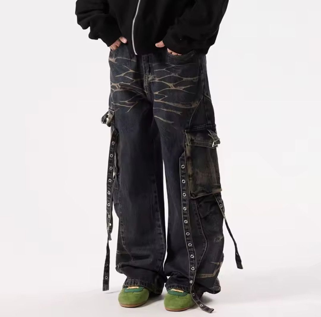 American Style Pleated Multi-pocket Strap Jeans