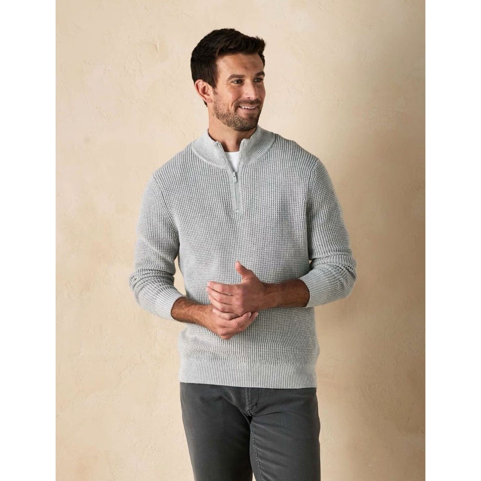 J Brand The Normal Brand 1/4 Zip Waffle Knit Pullover Sweater Gray Mens 2XL Size US XXL / EU 58 / 5 - 2 Thumbnail