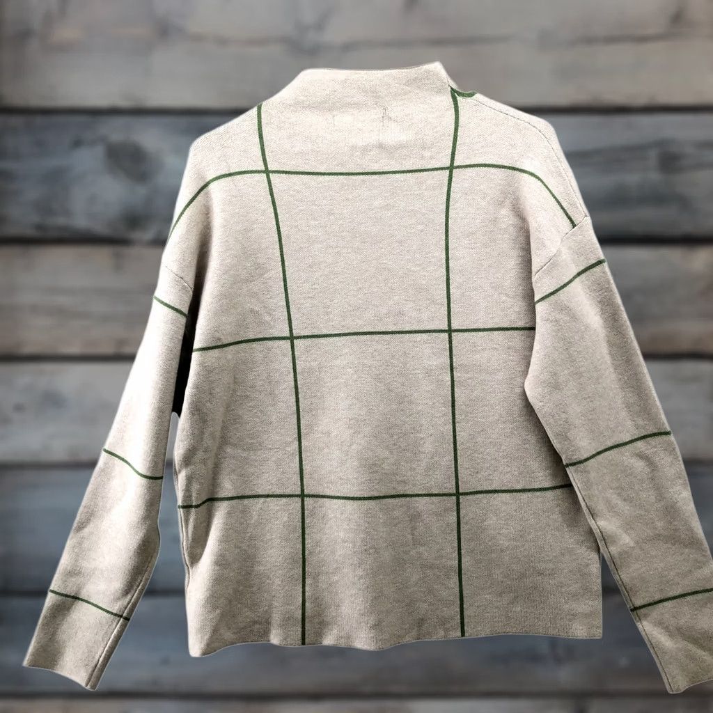Vintage Tahari Sweater Womens M Mock Neck Beige Green Grid Plaid Knit Pullover Modern Minimalist Casual Long Sleeve Tight-Knit Average Fit Size M / US 6-8 / IT 42-44 - 1 Thumbnail