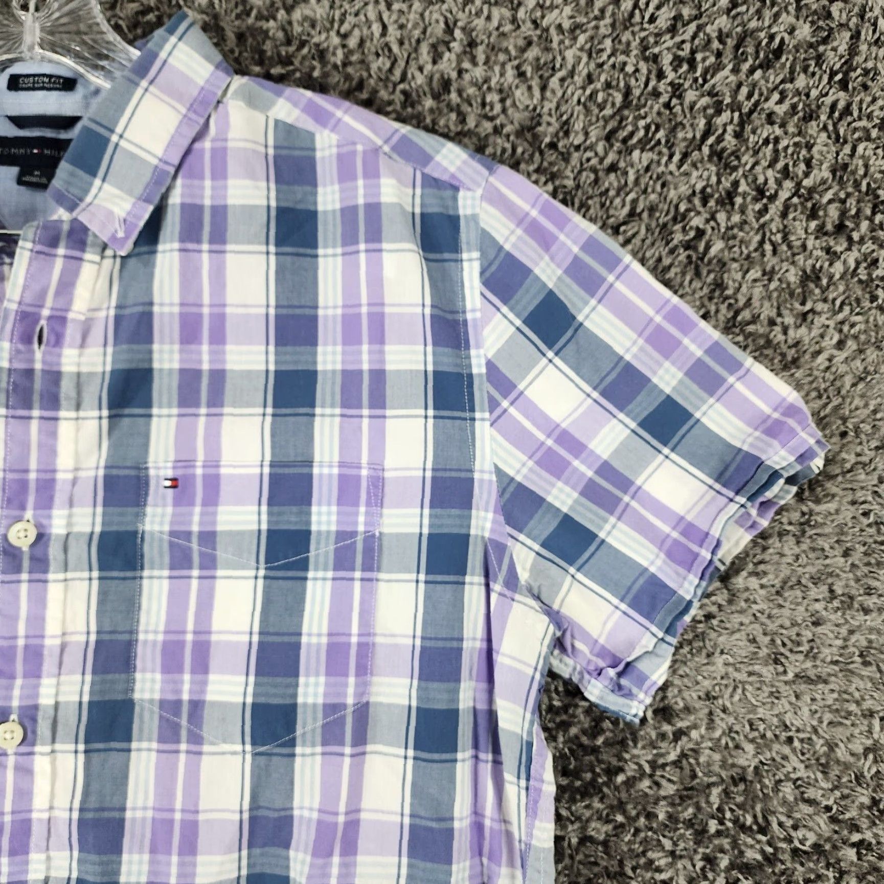 Tommy Hilfiger VINTAGE? No, it's Tommy Hilfiger. Title: Tommy Hilfiger Shirt Plaid Short Sleeve Button-Up, Men’s, Size M, Purple, Custom Fit Size US 31 - 3 Thumbnail