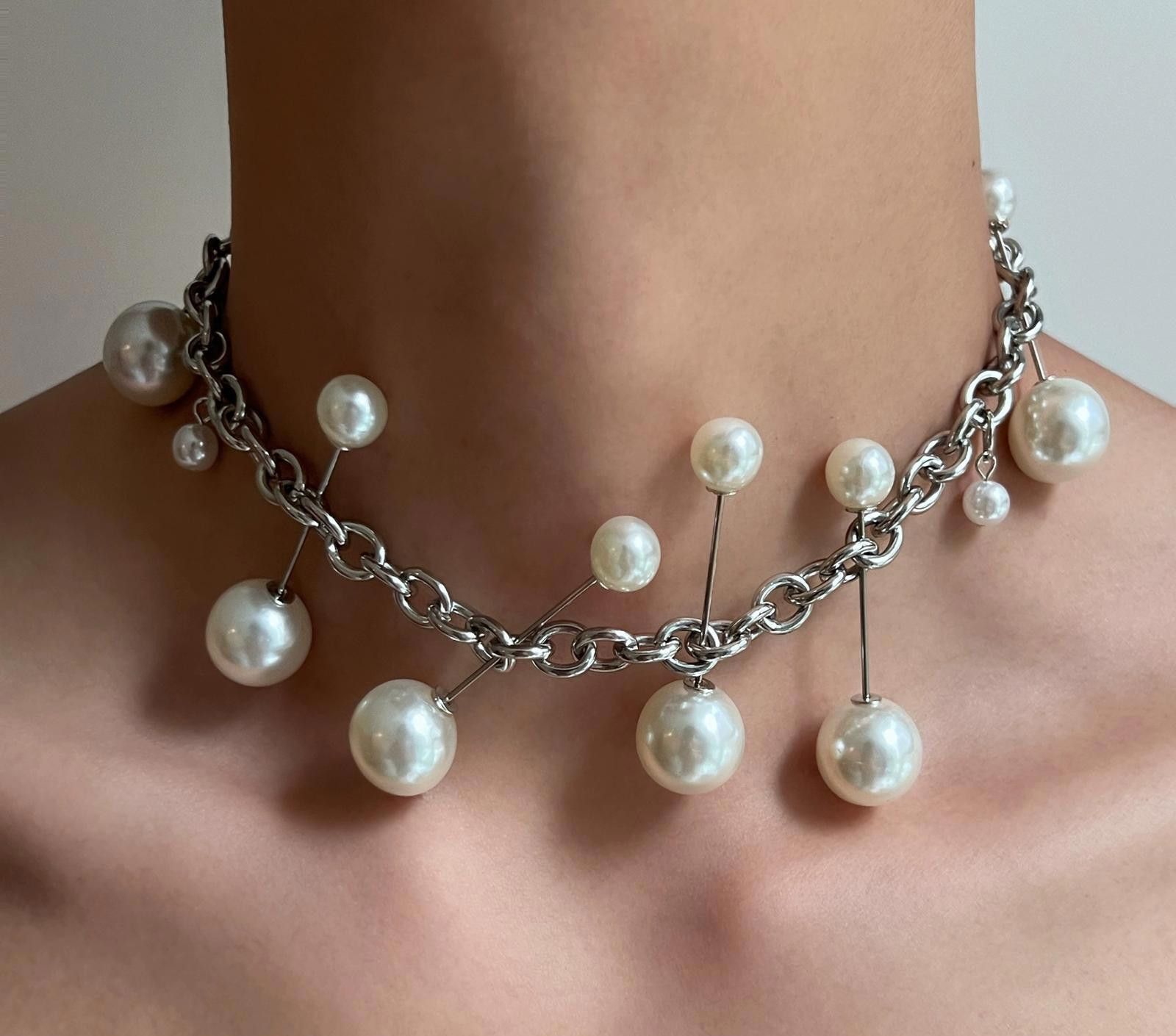 Jewelry Silver Chain Pearl Accent Choker Necklace, Statement Jewelry Size ONE SIZE - 4 Thumbnail