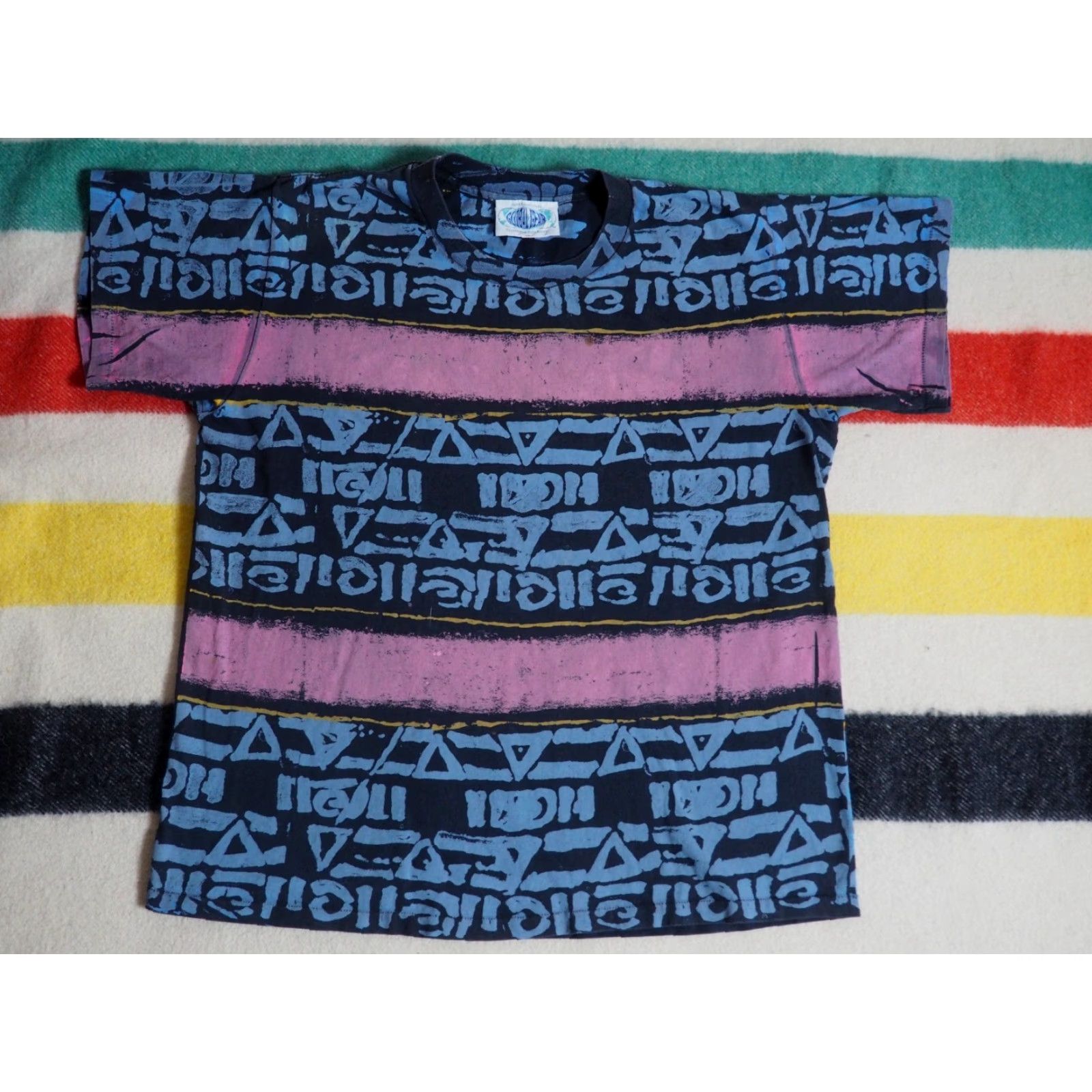 Pinko VTG 90s Global Gear Tee T-Shirt XL Black Pink Blue AOP Stripe Skate Surf Art USA Mens Size US XL / EU 56 / 4 - 2 Thumbnail
