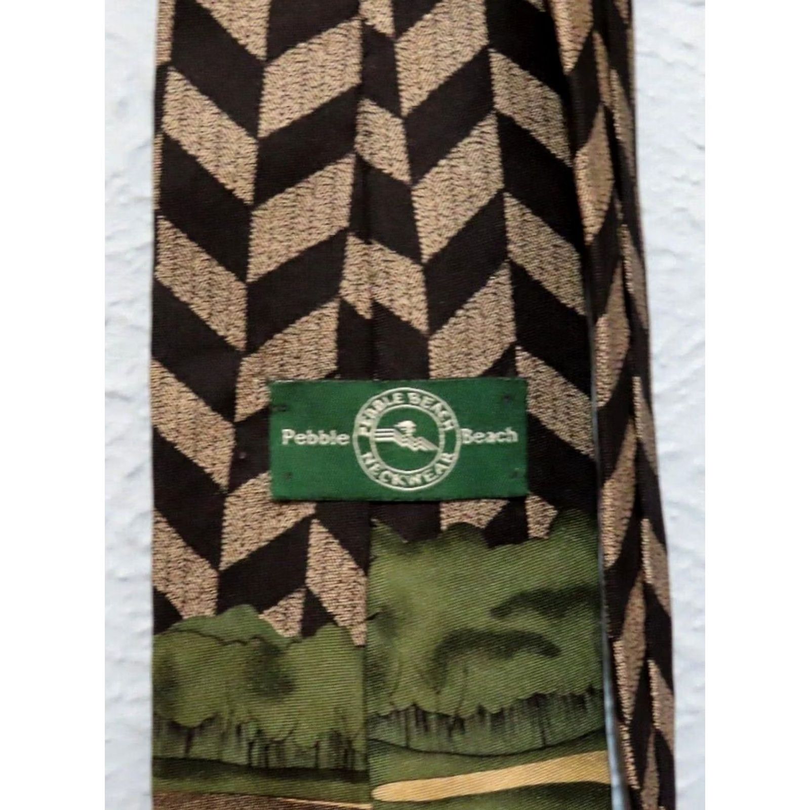 Vintage Pebble Beach Golfer Silk Necktie Black Tan USA Made Mens Tie Golf Size ONE SIZE - 3 Thumbnail