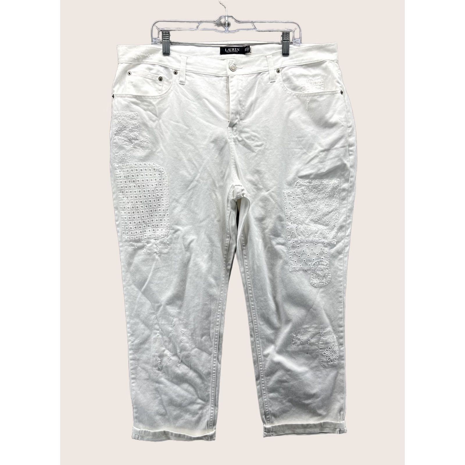 Ralph Lauren Lauren Ralph Lauren Jeans Womens 16W White Cropped Embroidered Lace Denim Pants Shirt Size 38" / US 16 / IT 52 - 1 Thumbnail