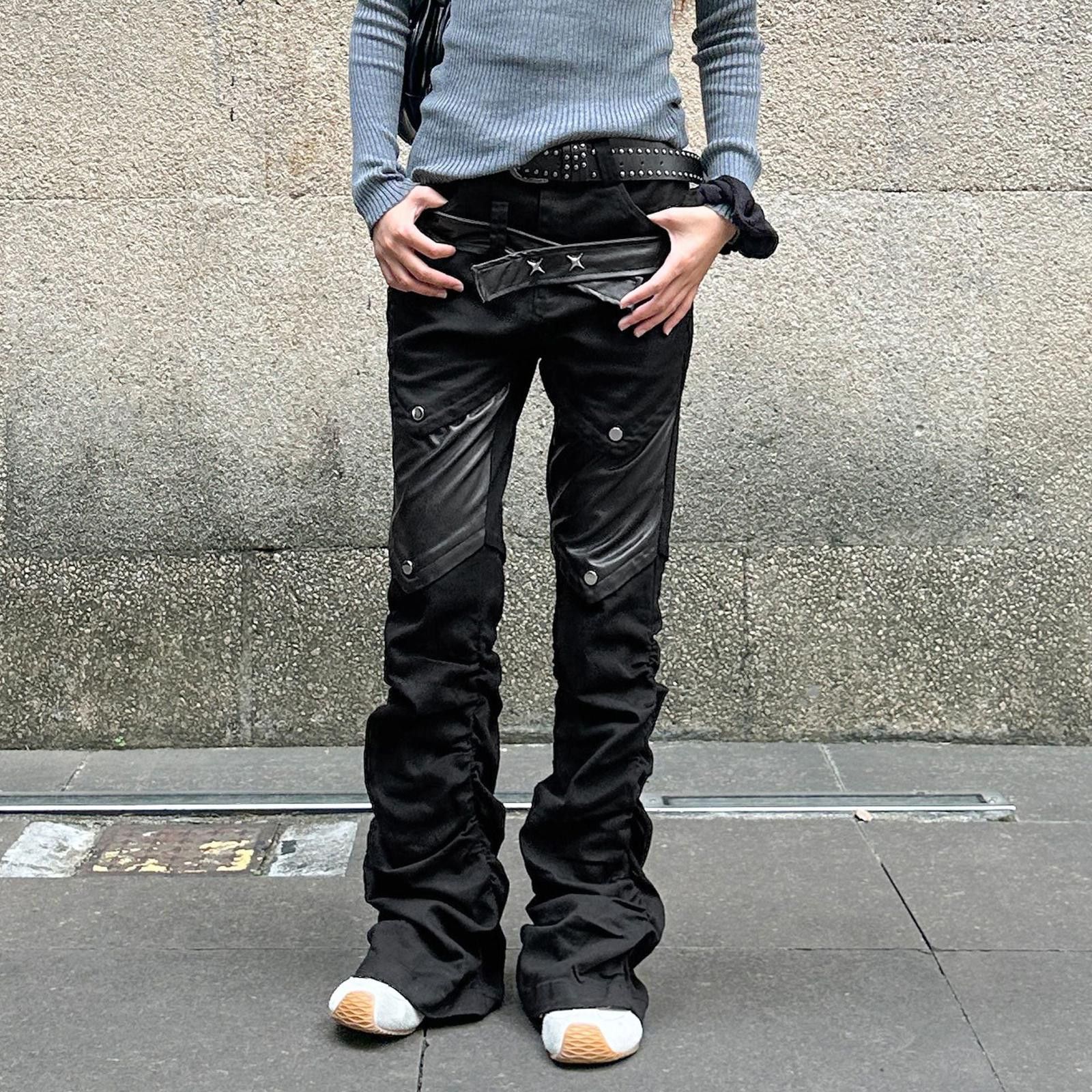 Japanese Brand Black Cargo Flared Pants with Leather Detail, Stacked Fit Size US 30 / EU 46 - 2 Thumbnail