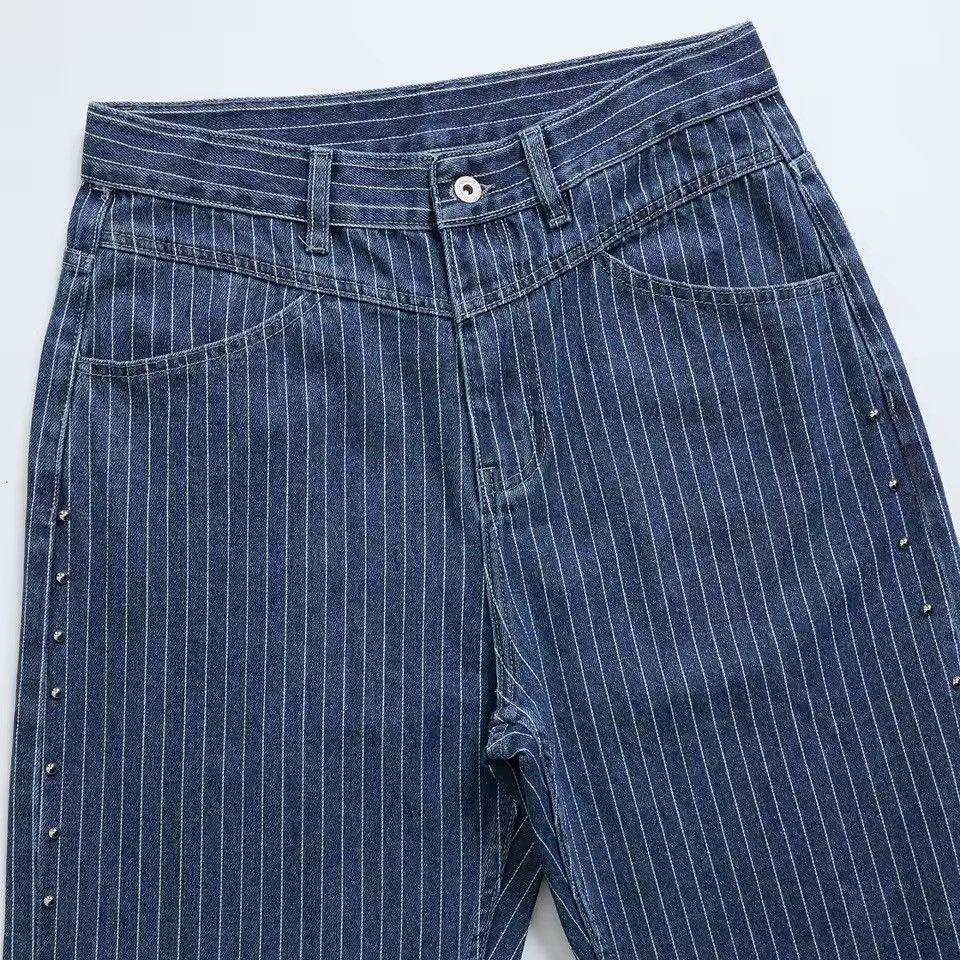 Jean Streetwear Designer Striped Rhinestone Baggy Jeans Size US 31 - 10 Thumbnail