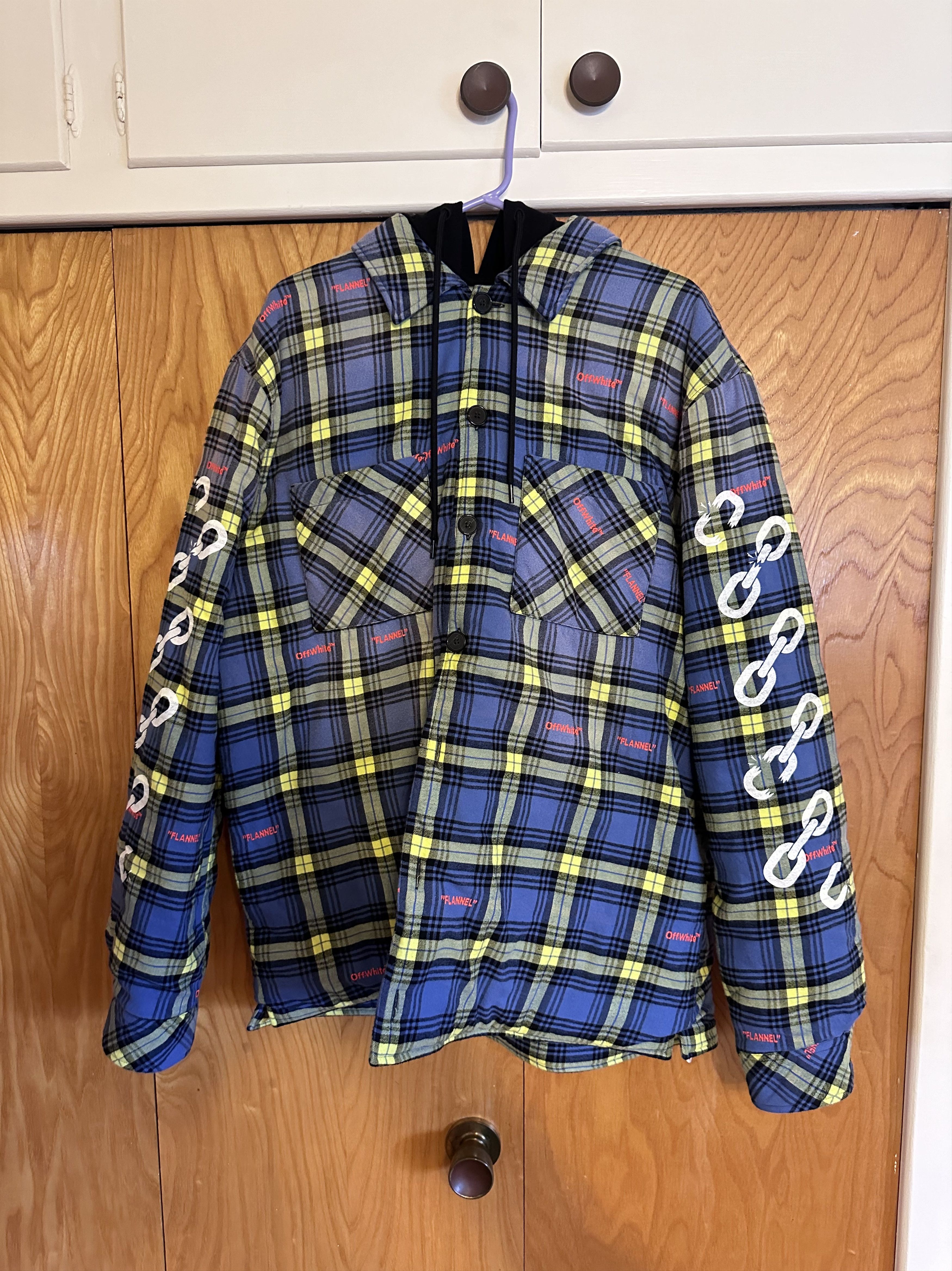 image of Off White Plaid Flannel Padded Jacket in Blue, Men's (Size Medium)