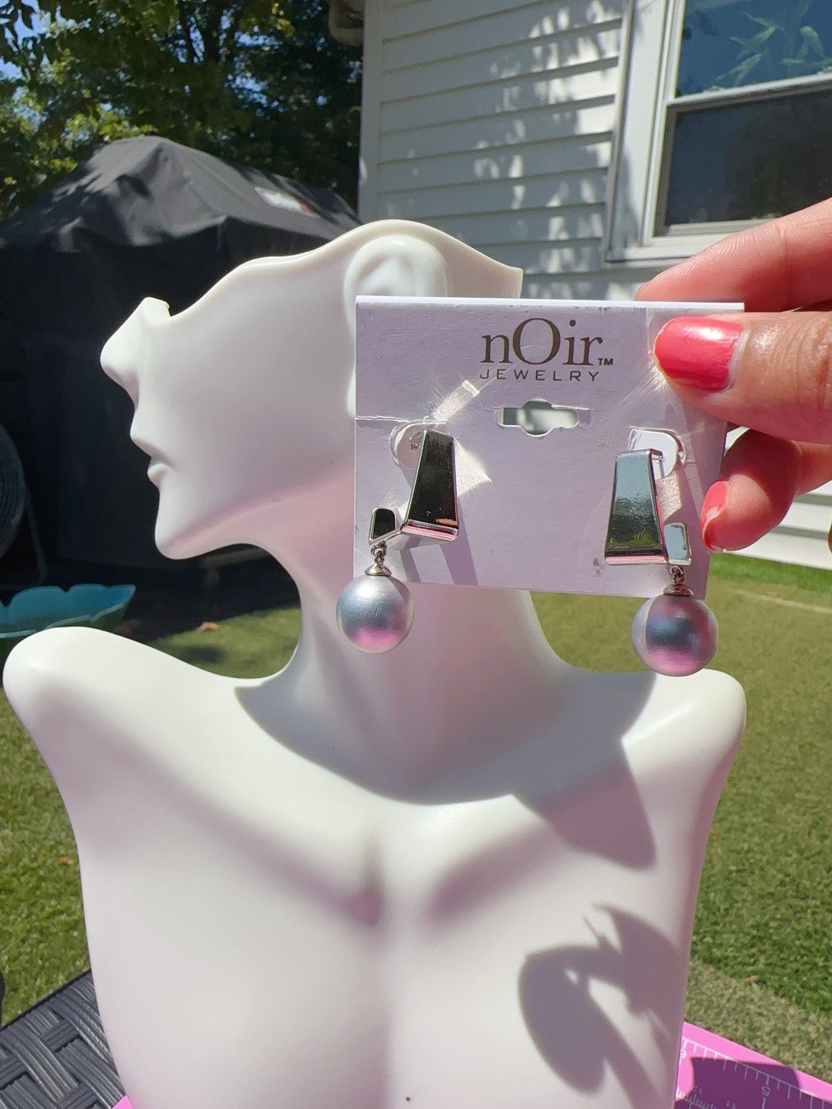 Designer Noir silver tone open diamond square loop silver pearl drop Size ONE SIZE - 1 Thumbnail