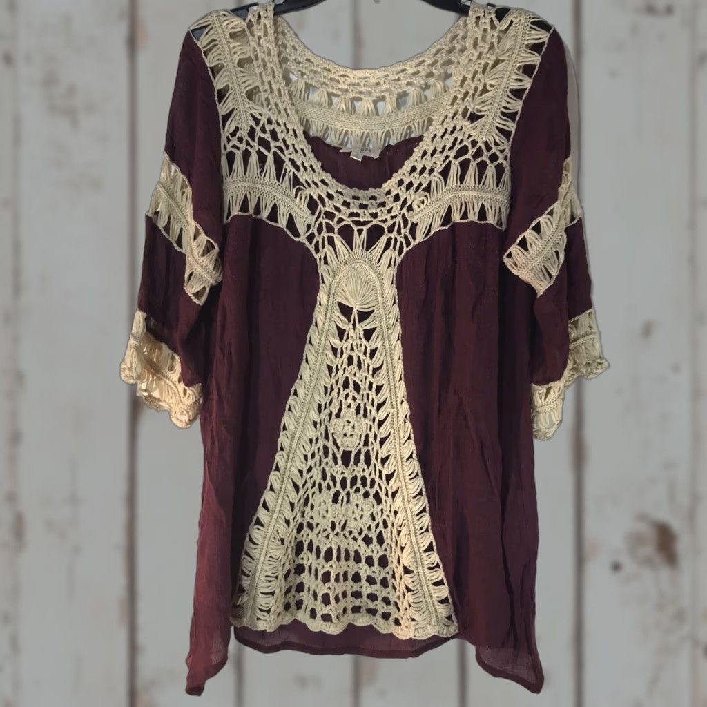 Vintage VINTAGE Umgee Crochet Sheer Blouse Women's Size M Burgundy/Cream Bohemian Lightweight Short Sleeve Size M / US 6-8 / IT 42-44 - 1 Thumbnail