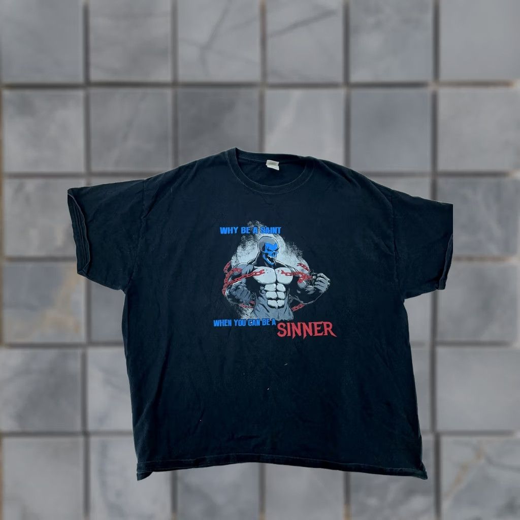 Gildan Vtg Why Be A Saint When You Can Be A Sinner Shirt T-Shirt 2XL Black Graphic Tee Mens Size US XXL / EU 58 / 5 - 1 Thumbnail