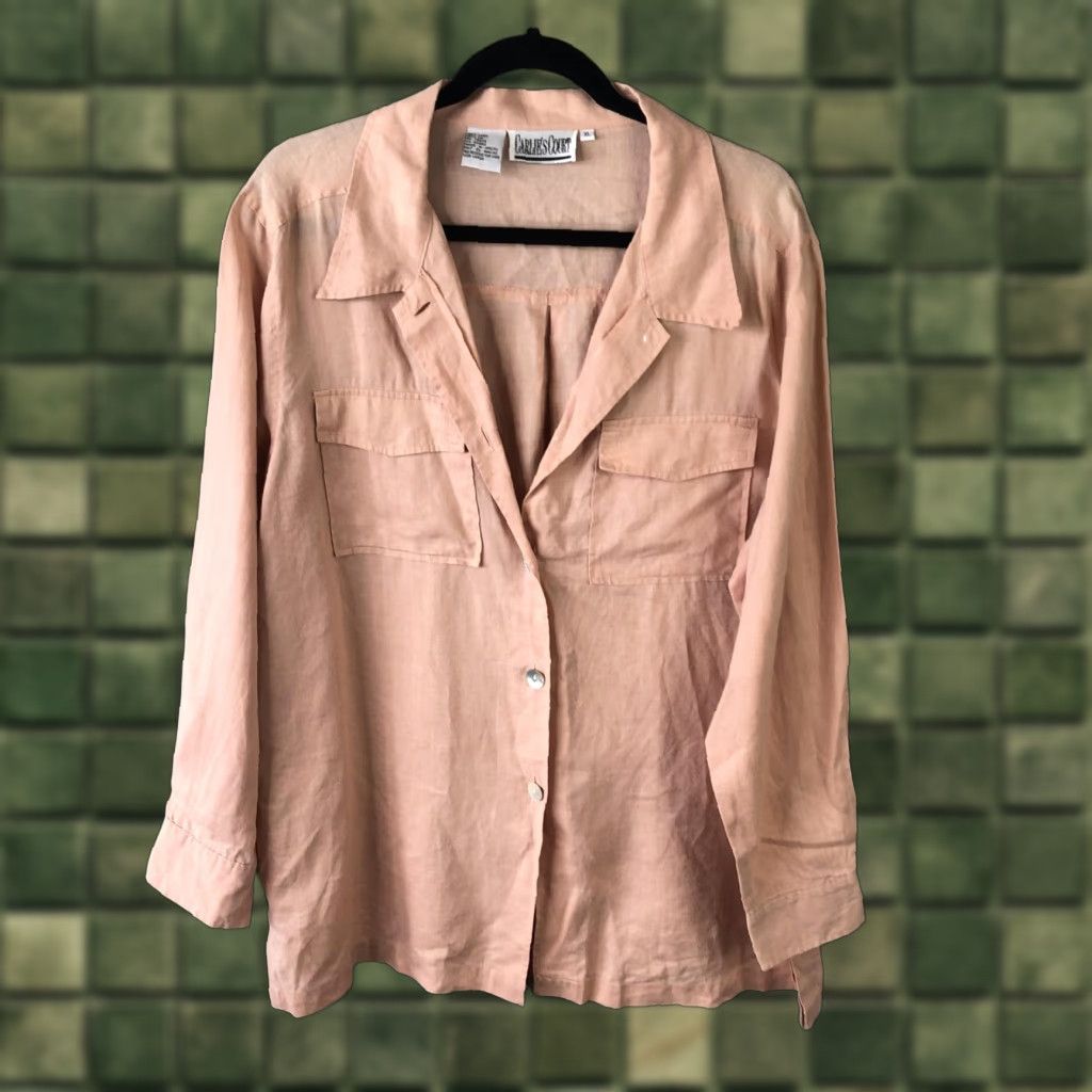 Pinko Carlie's Court Shirt Womens XL Pink 100% Linen Button Front Tunic Top Beachy Linen Casual Beachwear Long Sleeve Collared Button-Up Size XL / US 12-14 / IT 48-50 - 1 Thumbnail