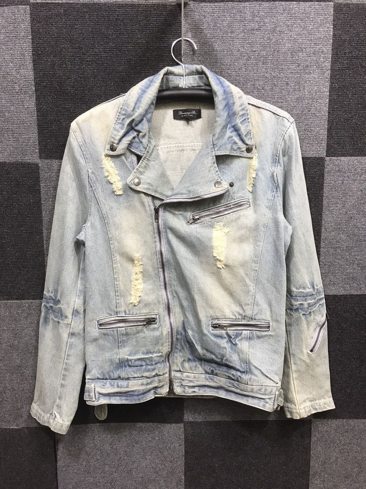 image of Distressed Denim x The Anarchy Bernings Sho Japan Punk Distressed Double Collar Jean Jacket in Ligh