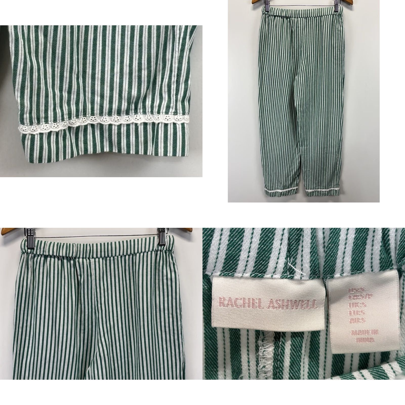 Vintage Rachel Ashwell Pajama Set Women’s S Green Stripe Eyelet Trim Cottage Core 2 Pc Threaded Cotton Shirt Button Collared Long Sleeve Adults Womens Size ONE SIZE - 9 Thumbnail