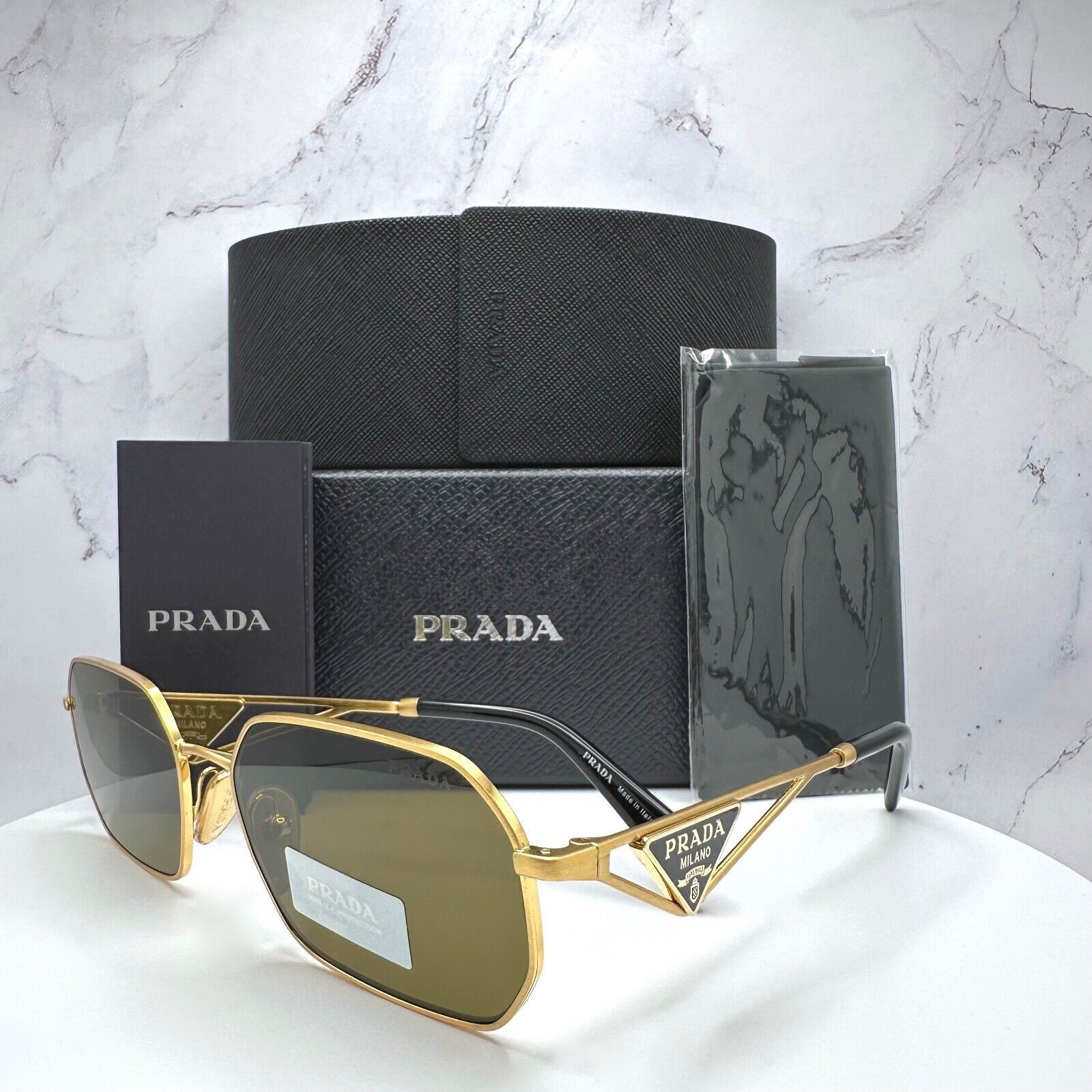 New Prada Sunglasses Gold Metal Black Plaque Triangle Logo