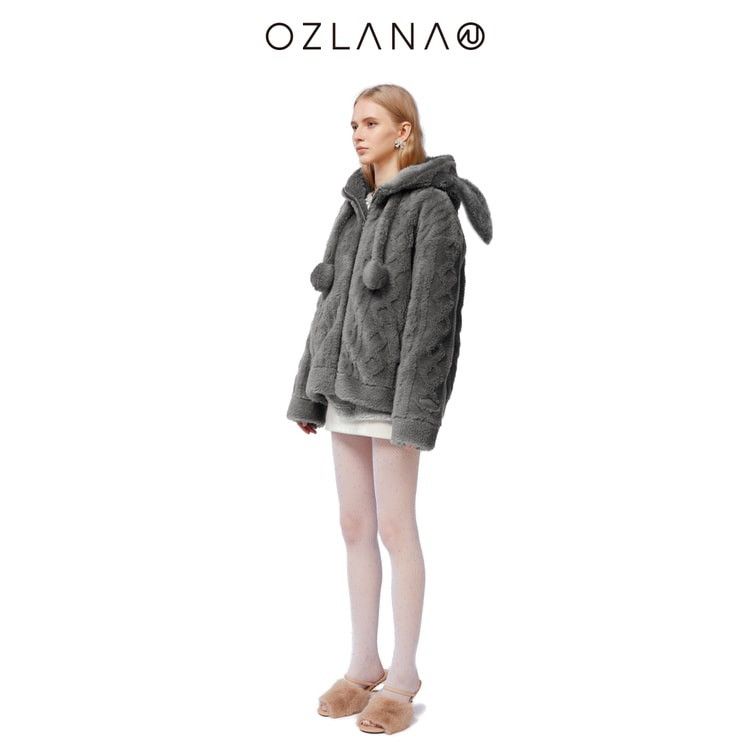 image of Ozlana Bunny Ear Teddy Coat in Grey, Women's (Size Small)