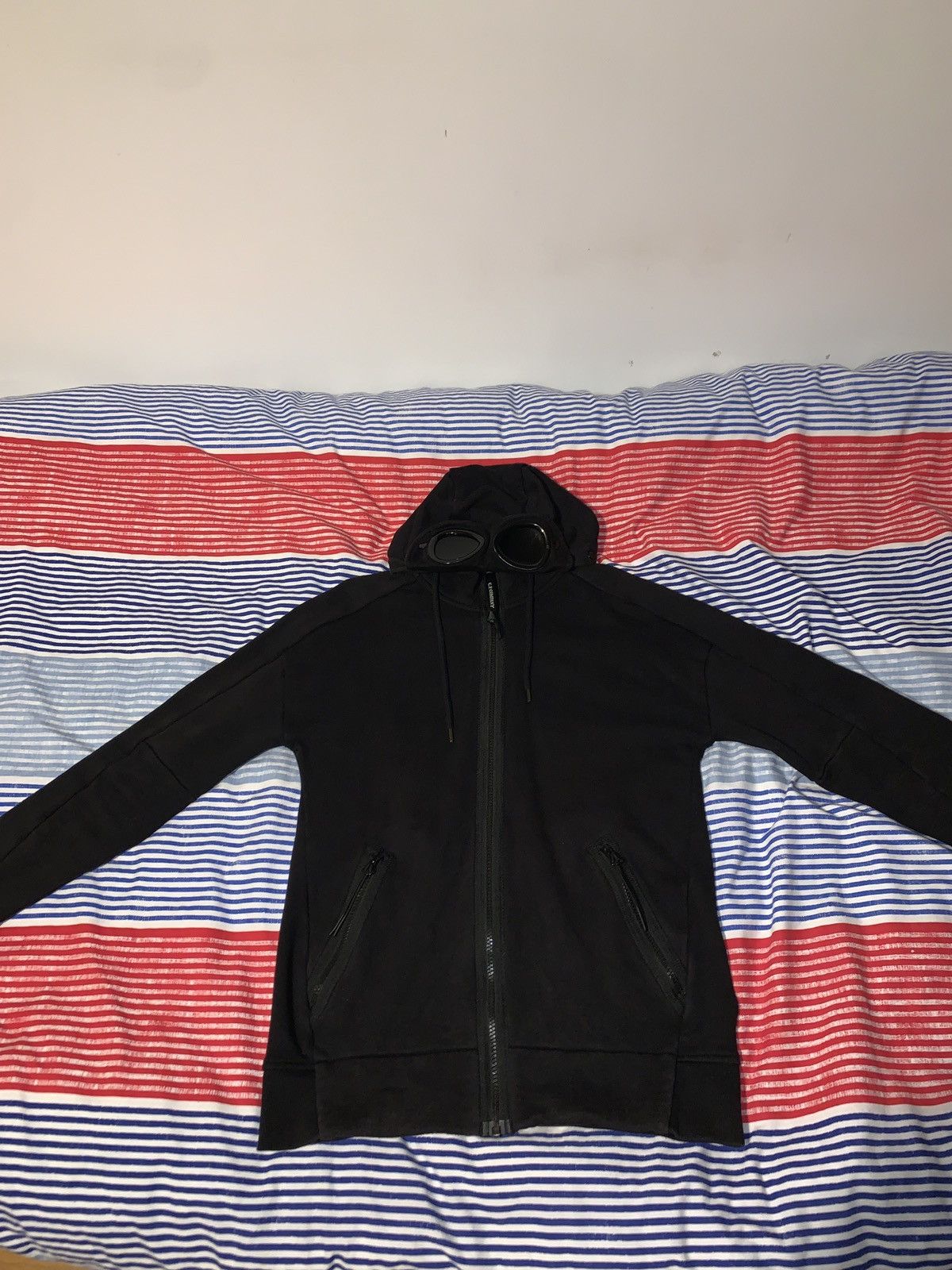 image of C P Company Diagonal Raised Fleece Goggle Hoodie in Black, Men's (Size Small)