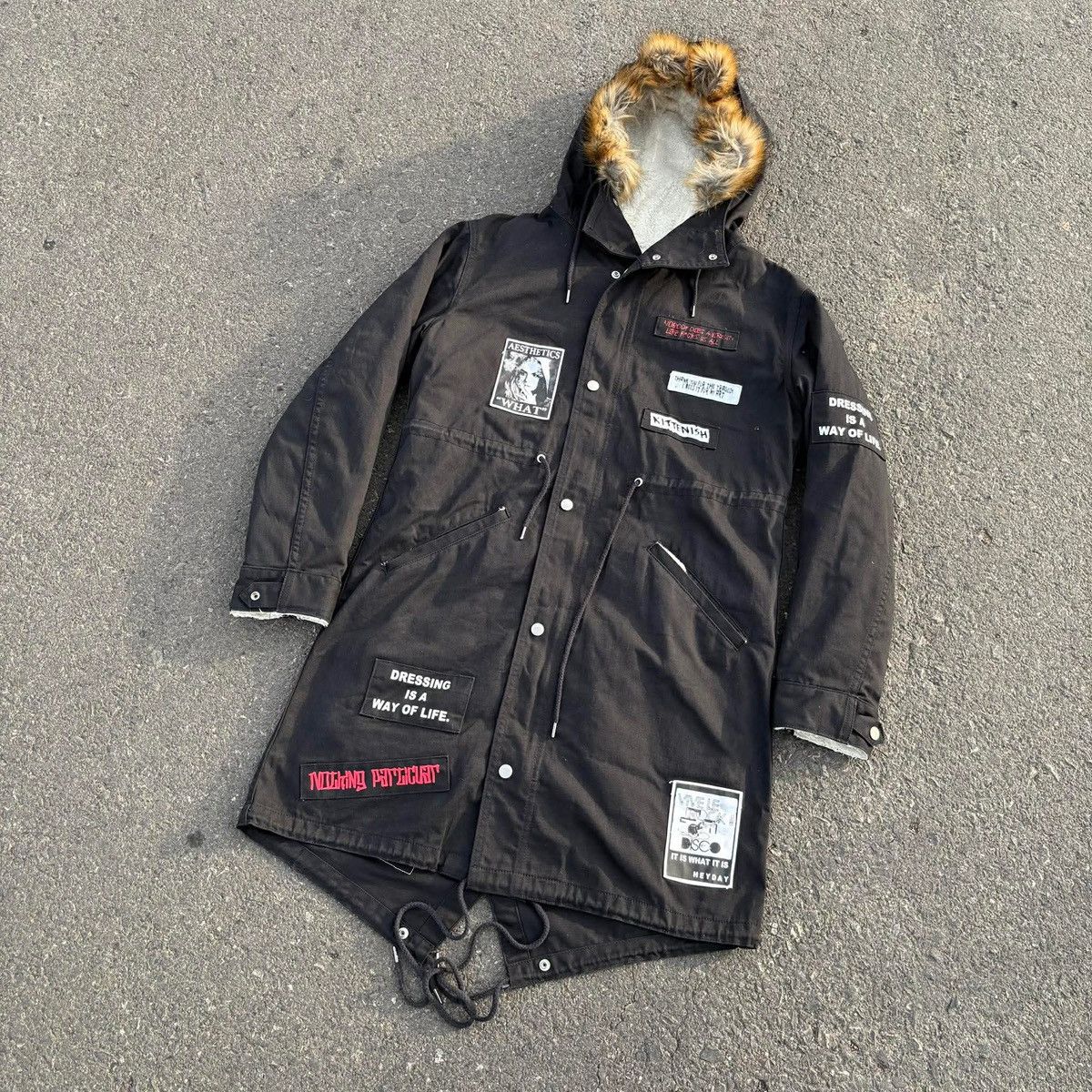 Japanese Brand RINGS Black Patchwork Fishtail Parka Jacket Fur Hood Y2K Size US L / EU 52-54 / 3 - 21 Thumbnail