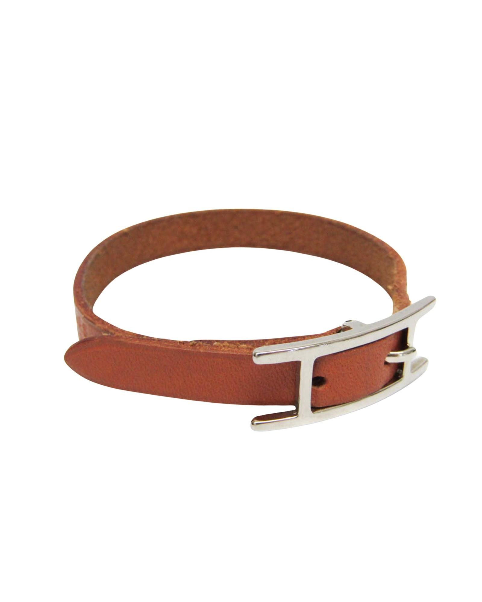 image of Hermes Sophisticated Leather And Metal Bangle in Brown, Women's