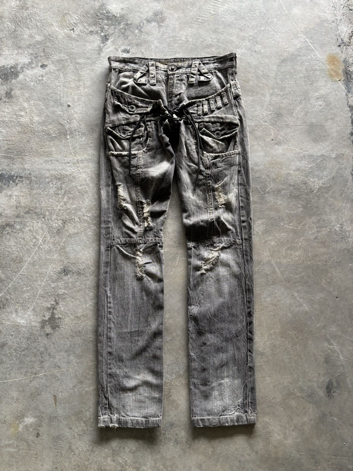 Japanese Brand Distressed double waist lace up jeans punk grungy stye Size US 32 / EU 48 - 1 Thumbnail