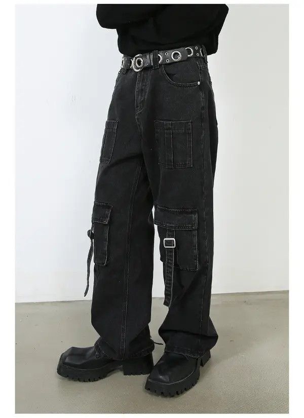 Japanese Brand Men's multi-pocket washed vintage wide-leg cargo jeans Size US 32 / EU 48 - 4 Thumbnail