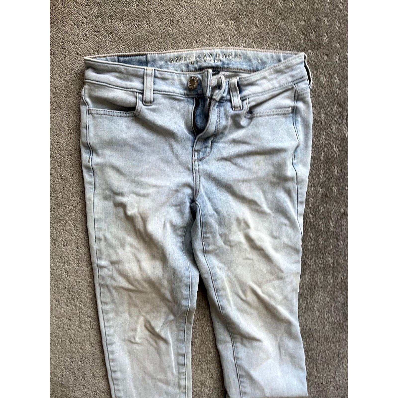 American Eagle Outfitters American Eagle Blue Super Stretch X4 Hi-Rise Jegging Pants 0 Wash Distress Women Jeans Size 25" / US 0 / IT 36 - 2 Thumbnail