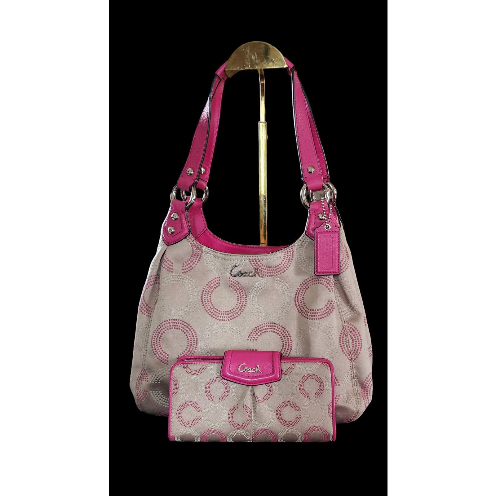 image of Coach Opt Art Dotted Ashley Hobo And Wallet in Pink, Women's