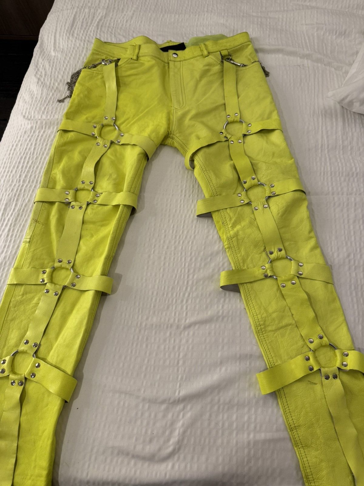 Ev Bravado × Who Decides War Who decides war neon yellow leather bondage jeans Size US 34 / EU 50 - 1 Thumbnail