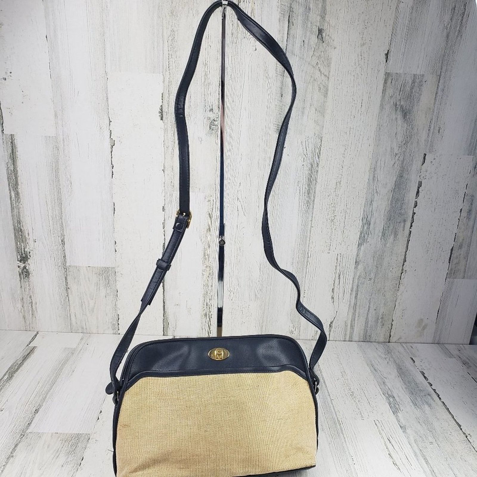 Etienne Aigner Etienne Aigner Canvas Navy Blue Faux Leather Shoulder Purse Size ONE SIZE - 1 Thumbnail