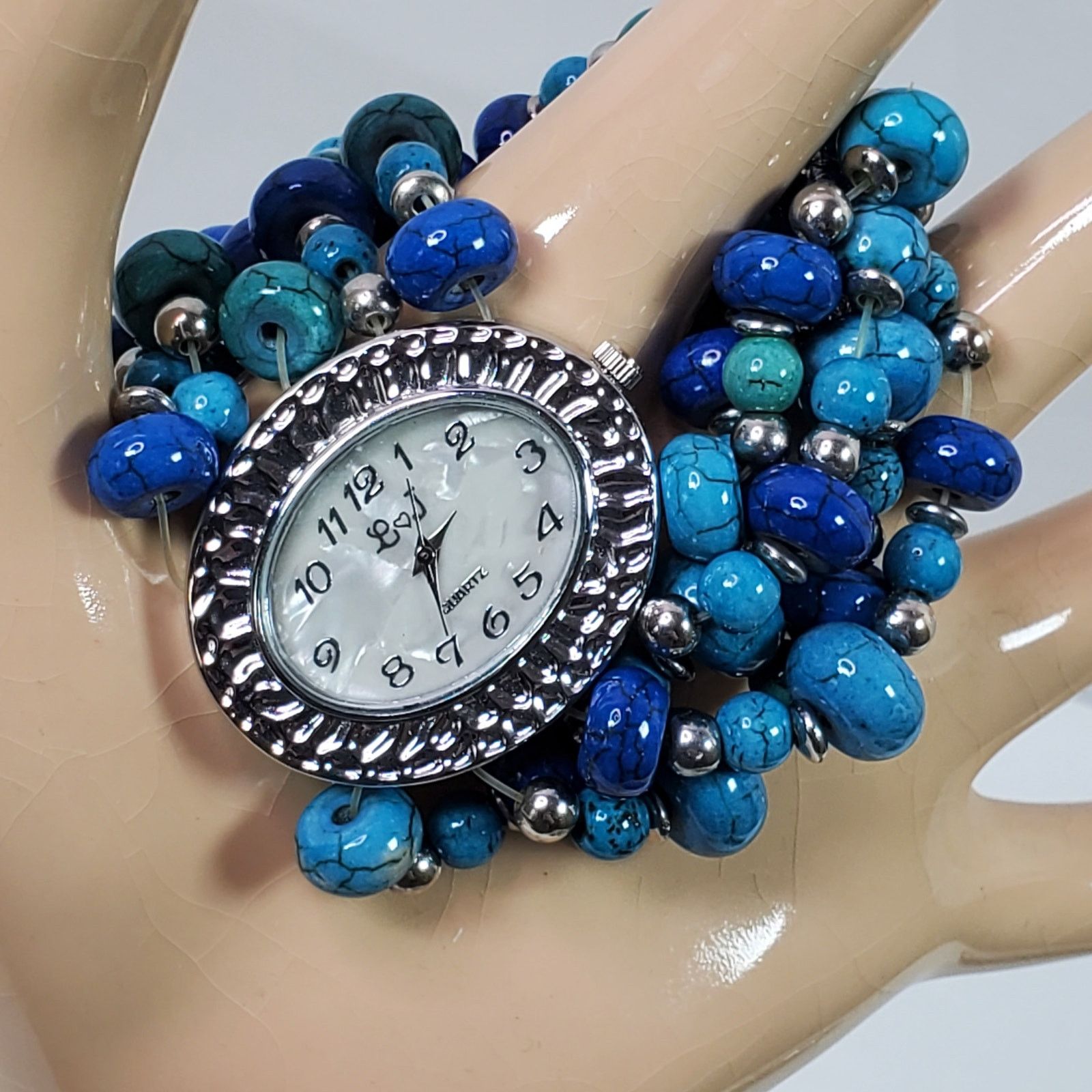The Unbranded Brand L & J Beaded Wristwatch Multi Strand Blue Green Silver Tone Size ONE SIZE - 1 Thumbnail