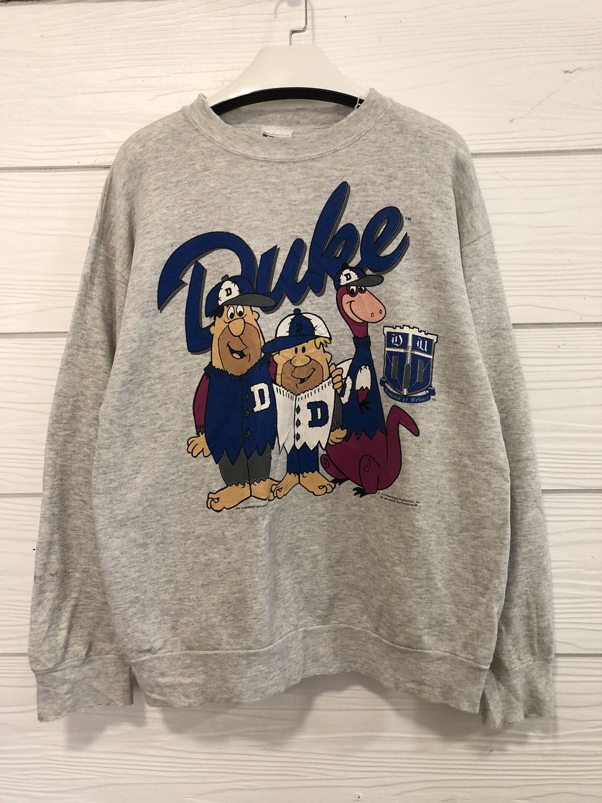 image of American College x Movie Vintage 1993 Duke College X The Flintstones Sweatshirt in Grey (Size Large