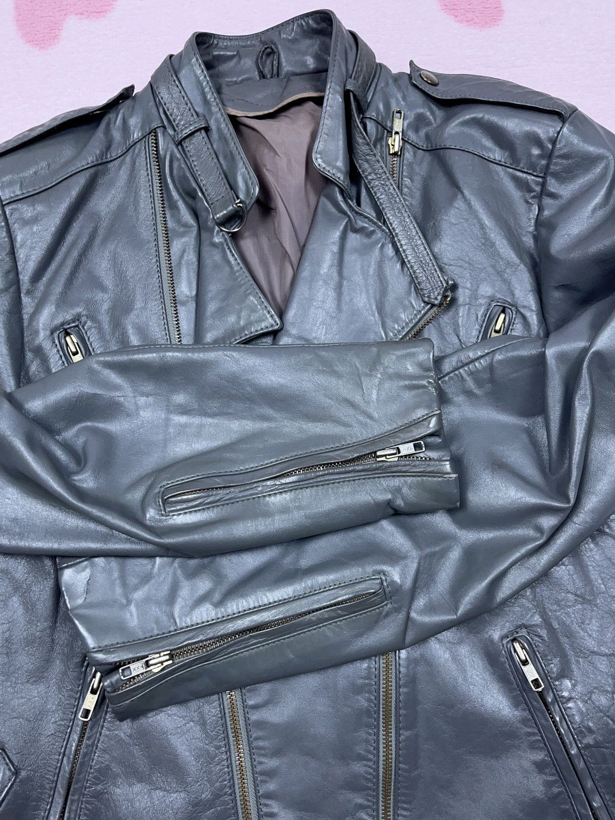 Genuine Leather ➕ vintage 80s/90s multi zip ramones leather gray jacket Size XS / US 0-2 / IT 36-38 - 3 Thumbnail