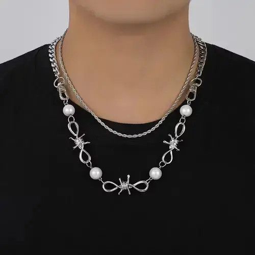 Jewelry x Very Cool Wired Spike Pearl Necklace Chain, Men's