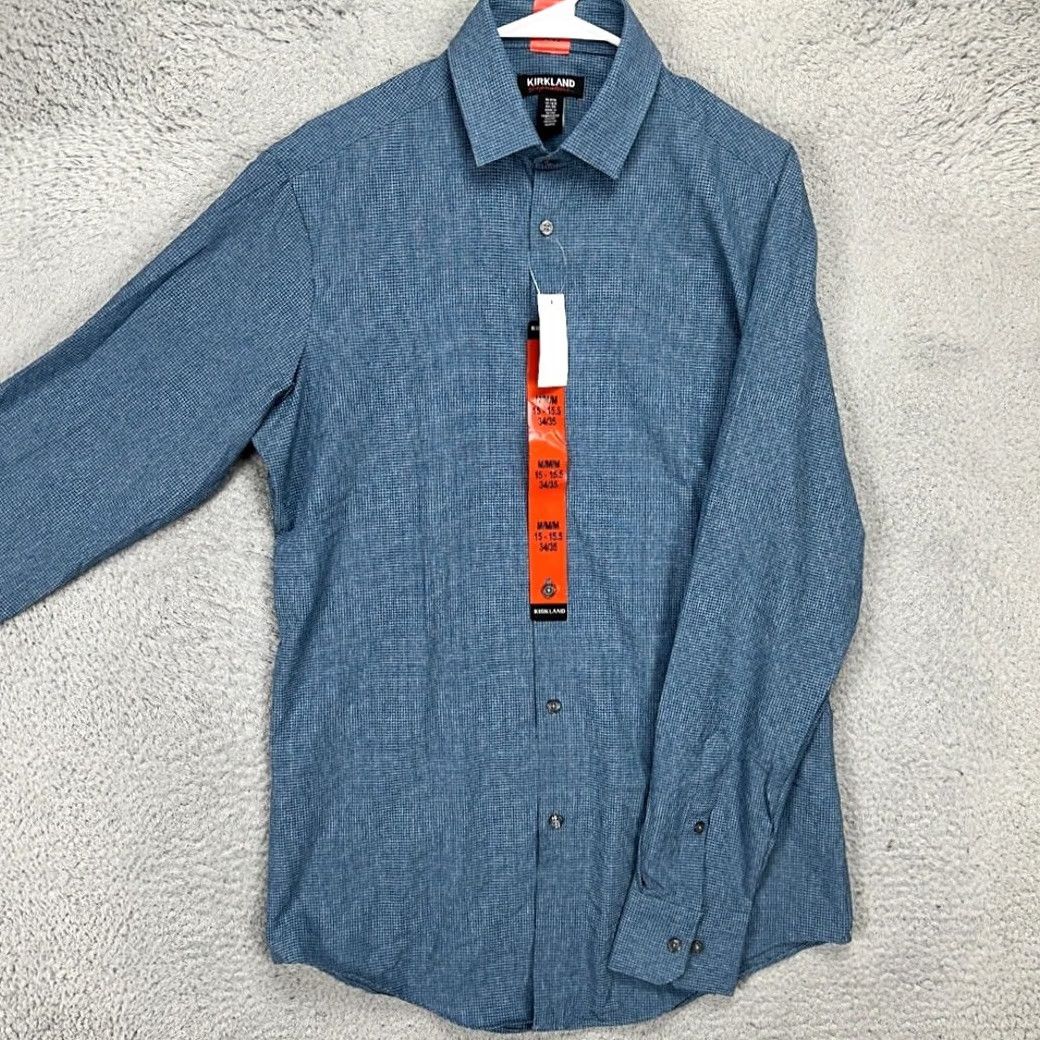 Vintage Kirkland Signature Dress Shirt Men Medium 15-15.5 34-35 Blue Check Button Up NEW Size 40R - 2 Thumbnail