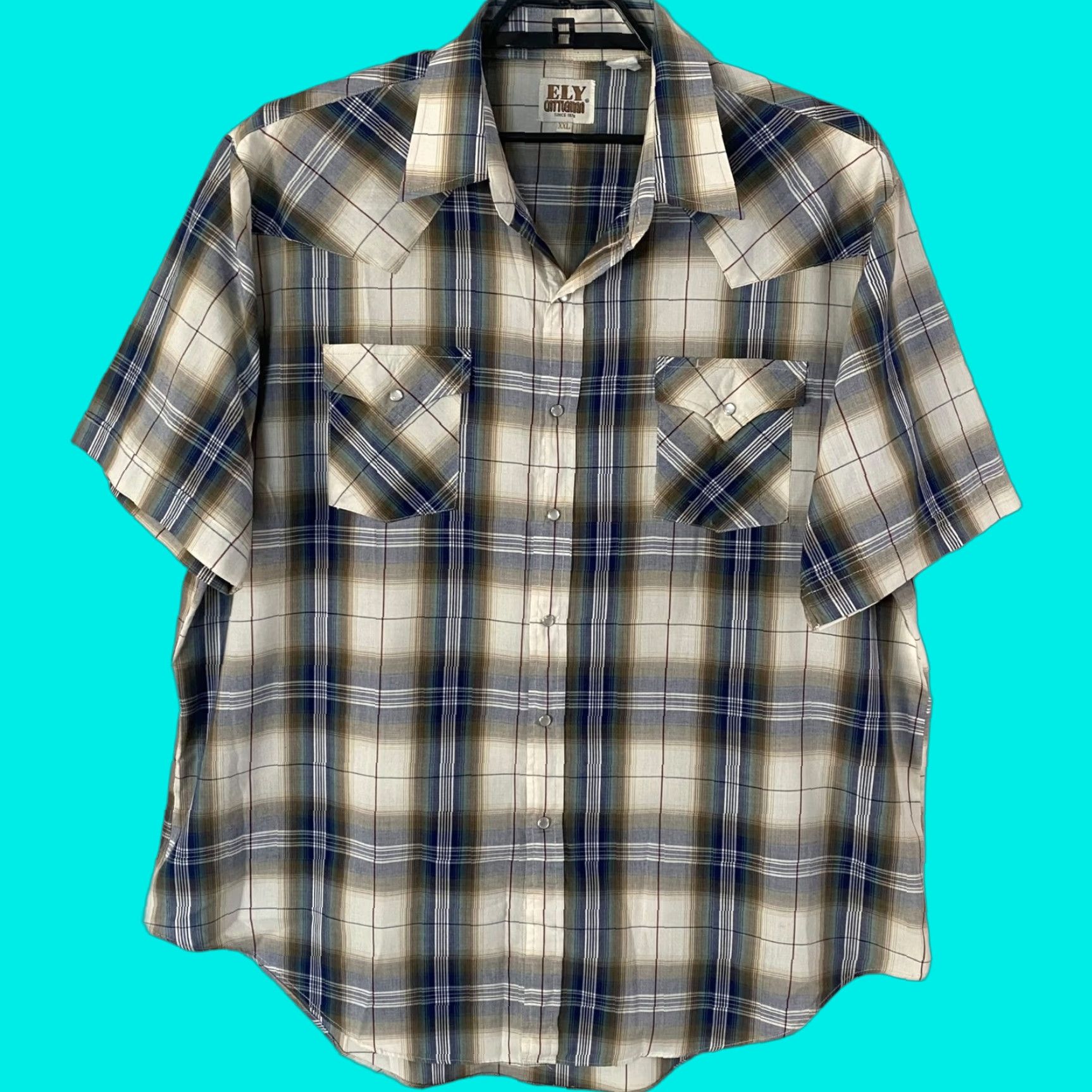 Vintage VINTAGE Ely Cattleman Western Pearl Snap Shirt Short Sleeve Plaid Blue 2XL Mens Size US XXL / EU 58 / 5 - 1 Thumbnail