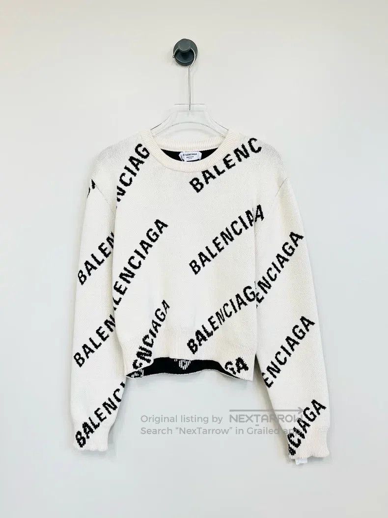 Balenciaga Balenciaga Ivory Knit Sweater with Full Logo Print Size US M / EU 48-50 / 2 - 1 Thumbnail