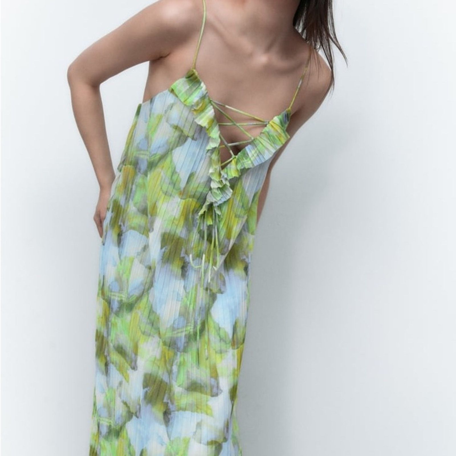 Zara ZARA PRINTED TULLE DRESS BLUE / GREEN Size M / US 6-8 / IT 42-44 - 4 Thumbnail
