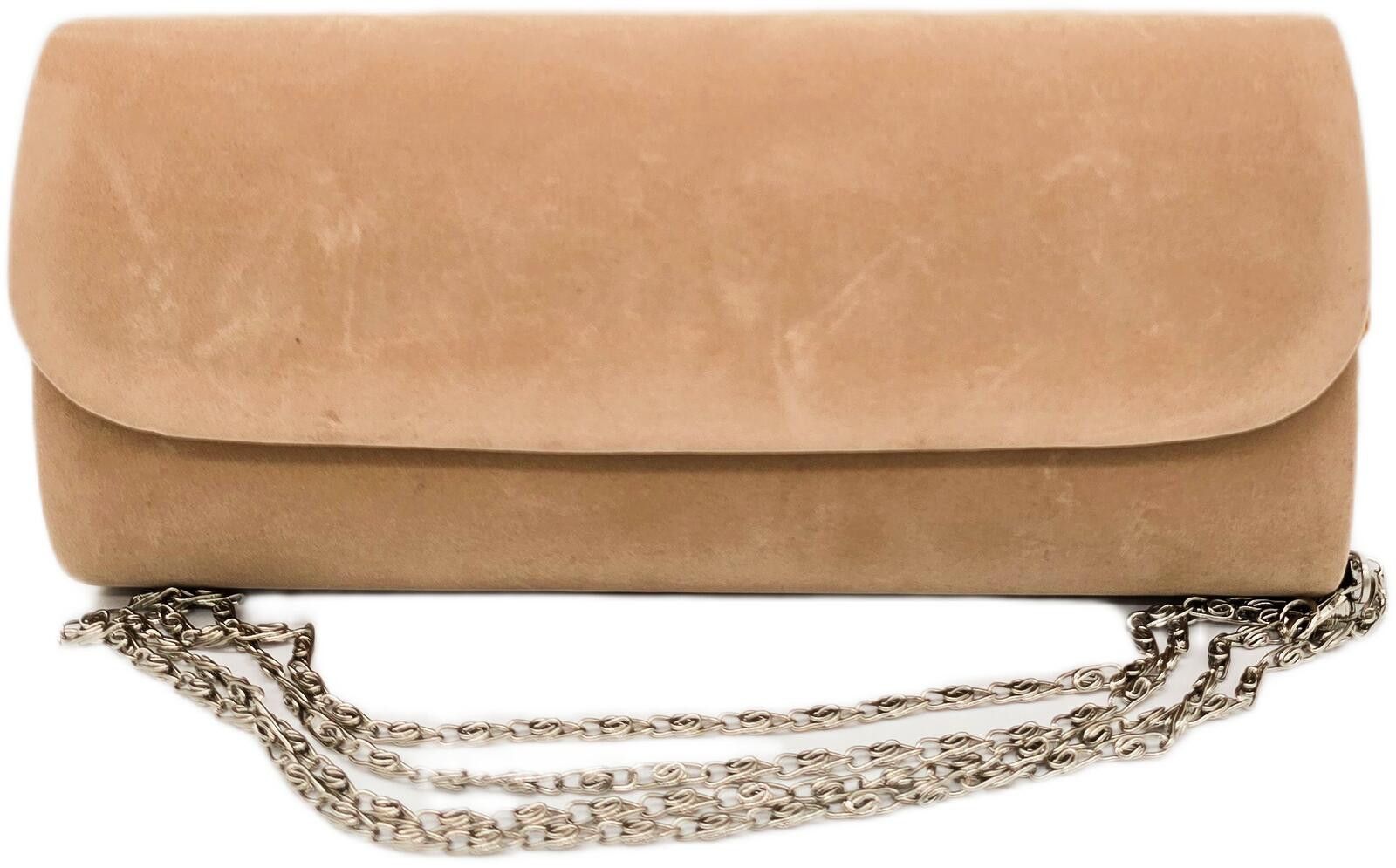 Unknown London Elegant Beige Suede Clutch with Silver Chain Strap Size ONE SIZE - 1 Thumbnail
