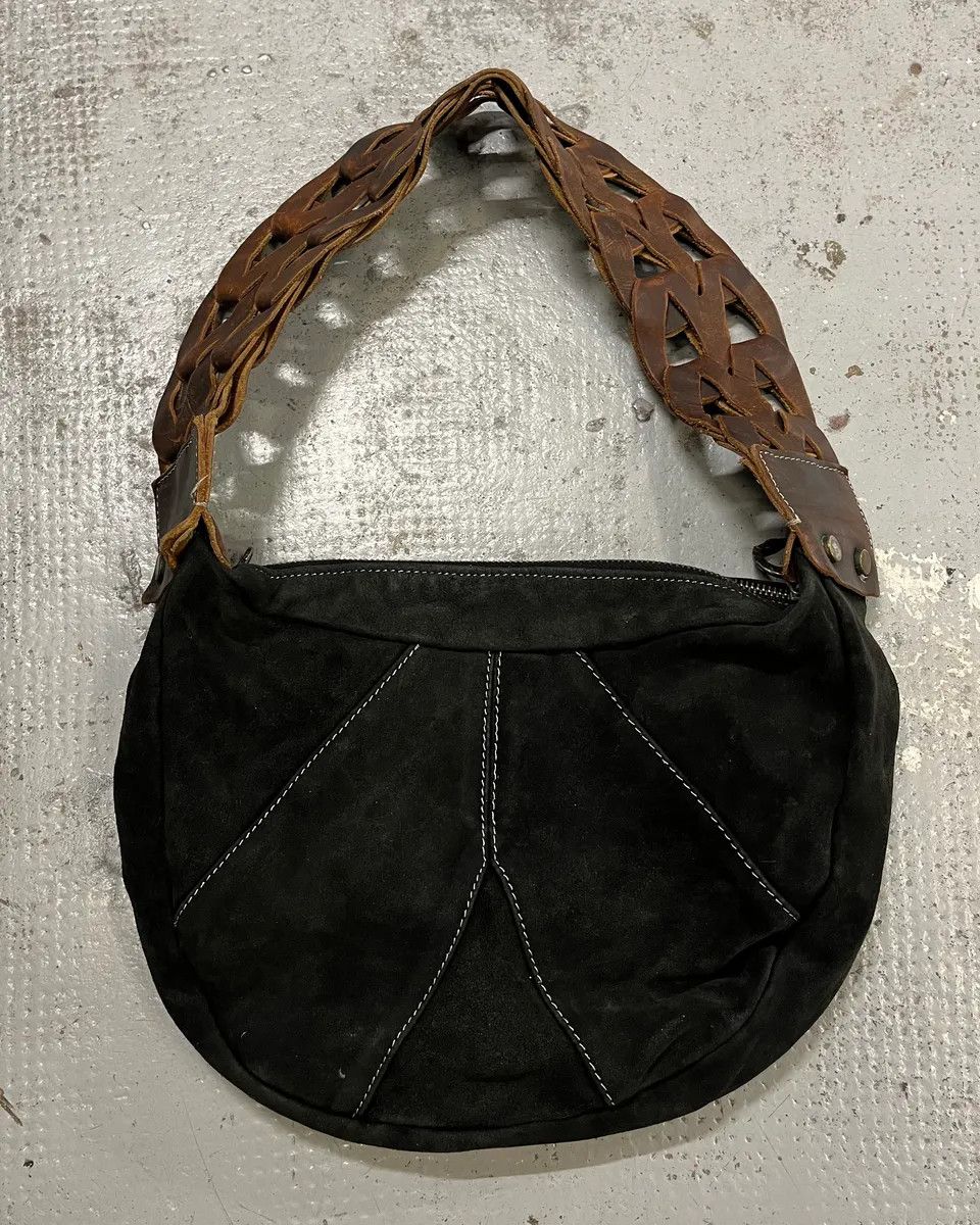 Just Cavalli 2000s Cavalli Braided Brown Leather Strap Black Suede Shoulder Bag Size ONE SIZE - 1 Thumbnail