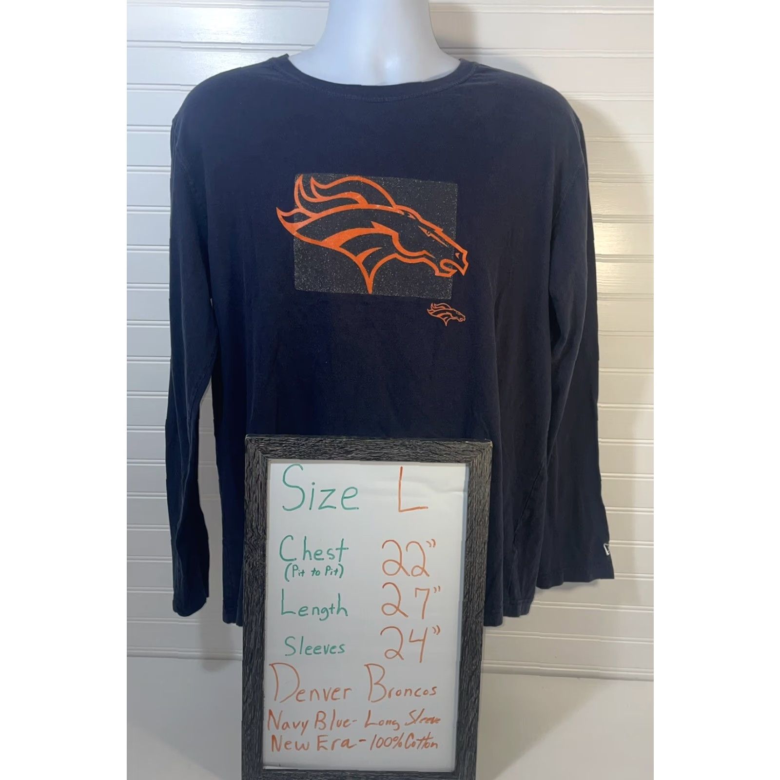 New Era VINTAGE? No. Denver Broncos New Era Long Sleeve Shirt Men Large Navy Blue Front Logo Graphic Size US L / EU 52-54 / 3 - 7 Thumbnail