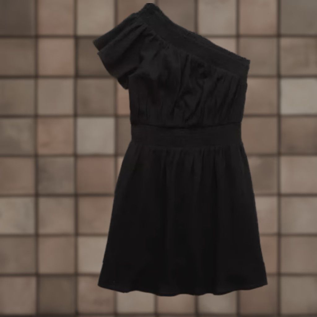 American Eagle Outfitters Aerie Womens L Black Crinkle Cotton Smocked Waist One Shoulder Dress Size L / US 10 / IT 46 - 1 Thumbnail