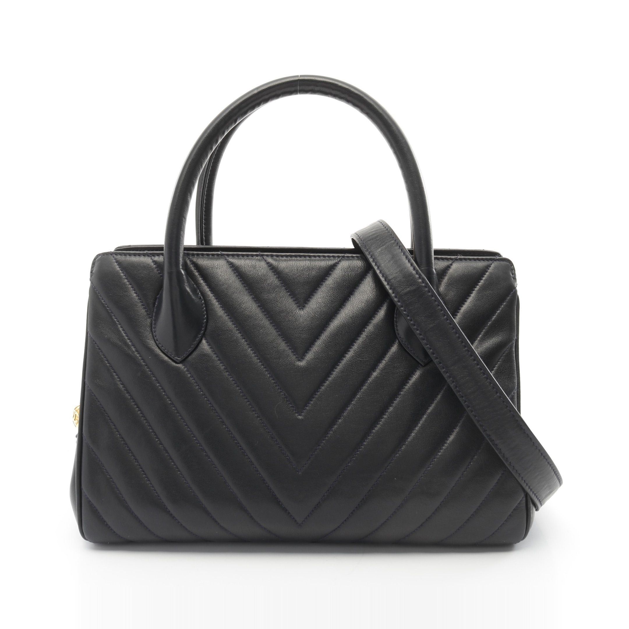 Chanel Chanel Chevron V-Stitch Handbag Lambskin Dark Navy Gold Hardware Size ONE SIZE - 1 Thumbnail