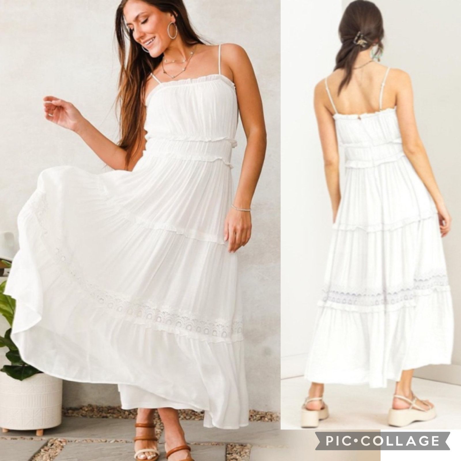 HYFVE White Ruffle crochet Trim Tiered Boho Maxi Dress large